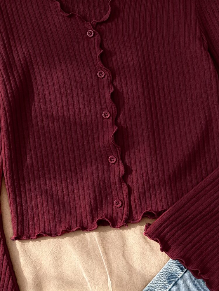 Tween Girl Casual Daily Knit Collar Scalloped Burgundy Slim Fit Open Front Long Sleeve Flare Sleeve - Burgundy - View 5