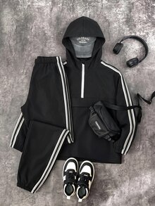 SHEIN 2件組青少年男孩半拉鍊連帽外套與慢跑長褲，黑色，夏季，街頭休閒圖案街頭時尚，加厚抓絨運動套裝，旅行 - 彩色 - 查看 6