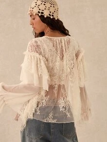 Easelle Vintage Bohemian V-Neck Lace Patchwork Romantic Women's Blouse - Beige - View 6