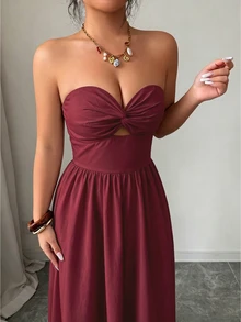 Selianne Summer New Bohemian Style Long Strapless Dress, Sexy Back Cutout, Floral Print, Bandeau Dress, Elegant Summer Dress, Women's Long Summer Dress, Beach Dress, Suitable For Holiday, Picnic, Beach Activities - Burgundy - View 7