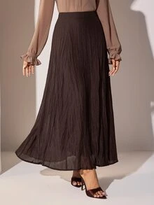 Veilorie تنورة كاجوال نسائية مقاس كبير بلون موحد وخصر عالي ونسيج بارز - قهوة بني - مشاهدة 3