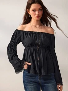 Willow Rêve Women's Black Loose Cold Shoulder Bell Sleeve Top, Lace Cuffs With Elastic Ruffles, Solid Color Western Romantic Bohemian Style, Suitable For Summer Vacation Party Travel - Black - View 6