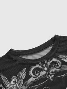 ROMWE Grunge Punk Atasan Lengan Panjang Jala Transparan dengan Motif Malaikat Plaster Abad Pertengahan dan Slogan - Hitam - View 3