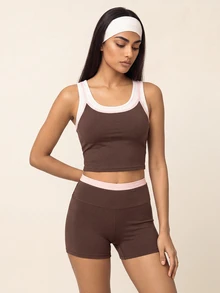 SHEIN BAE Women's Colorblock Cropped Tank Top And Shorts Sports Set - Coffee Brown - View 7