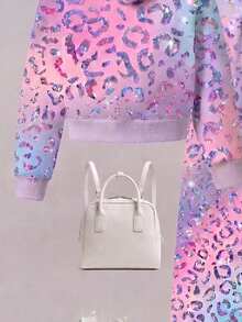 Girls (Small) Hoodie Set, Gradient Colorful Leopard Print Hooded Sweatshirt Set, Dreamy Pink Blue Purple Gradient Base Color, Shiny Metallic Leopard Print All-Over Pattern, Casual Loose Fit - Multicolor - View 4