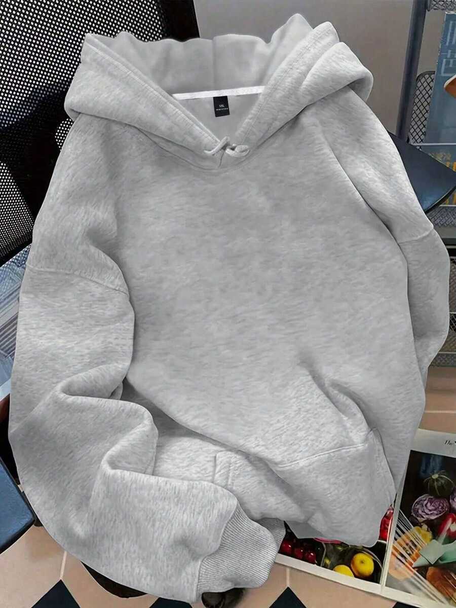 EMERY ROSE Plus Size Women's Solid Color Casual Hoodie Sweatshirt, Autumn/Winter - Light Grey - View 1