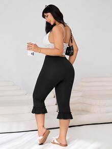 SHEIN EZwear 大尺碼休閒百搭純色荷葉邊褲腳長褲 - 黑色 - 查看 3
