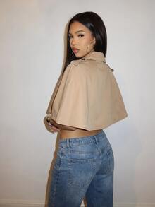 Slaydiva Khaki Cropped Cape Trench Coat | Vintage Short Poncho Jacket-Z - Khaki - View 3