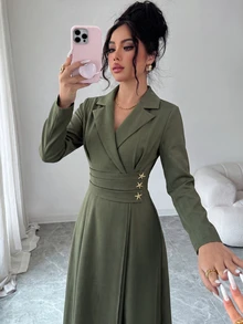 SHEIN Women's Olive Green Blazer Lapel Contrast Collar Ruched Waist With Star Metal Button Decor Cinched Waist Large A-Line Back Seam Long Sleeve Long Dress - Army Green - View 7