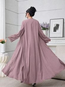 Al Najma 女款長版寬鬆休閒日常蕾絲飾邊黑色晨袍 - 粉色 - 查看 2