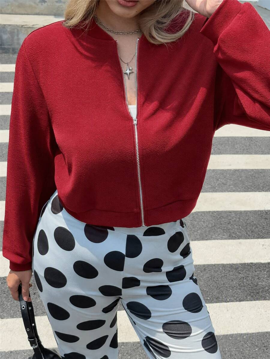 SHEIN EZwear 大尺碼女款純色休閒賽車風日常長袖夾克 紅色 秋季 - 紅色 - 查看 1