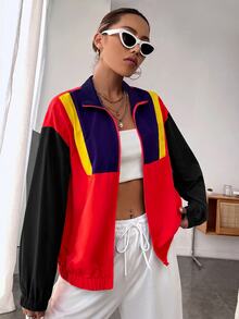 SHEIN EZwear 女款秋冬拼接立領落肩輕便夾克，黑色、紅色、黃色、深紫色 - 紅色 - 查看 3