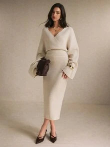 Poéselle Women's Ivory Ribbed Knit Two Pieces Set – Wrap V-Neck Bell-Sleeve Sweater And High-Waist Maxi Skirt Matching Outfit Women Fall Winter Sweater Set Chic - Apricot - View 6