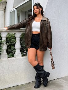 Muchica Plus Size Distressed PU Leather Loose Jacket - Coffee Brown - View 4