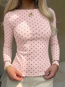 CovetEZ 95%棉全印花女款方領長袖T恤 - 粉色 - 查看 6