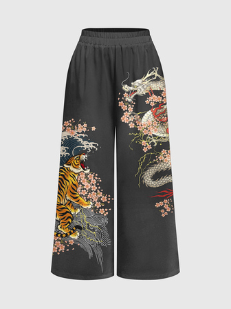 ROMWE Avant Nouveau pantalon grande taille style chinois sombre fille sexy tigre dragon, pantalon grande taille imprimé intégral ample à jambes larges, imprimé intégral ample à jambes larges