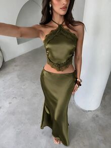 Aloruh 軍綠色蕾絲拼接露背掛脖上衣 + 裙子套裝，優雅性感度假風 - 軍綠色 - 查看 5