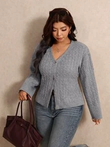 Elaquor Plus Size Women's Cable Knit Long Sleeve Single-Breasted Casual Cardigan - Dark Grey - View 5