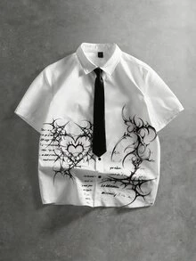 ROMWE MEN Street Life Áo thun ngắn tay in hình trái tim phong cách Gothic cho bé gái, kèm cà vạt - trắng - Xem 1