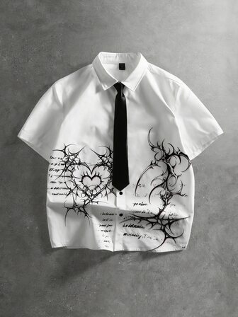 Street Life Young Girl Gothic Heart Print Short Sleeve Shirt, Comes With Tie