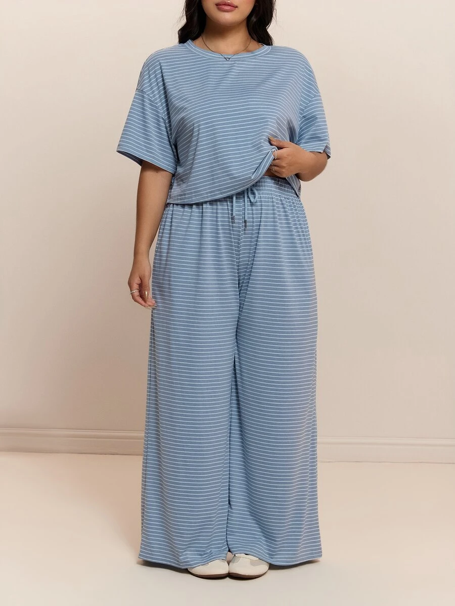 CovetEZ Autumn/Winter New Casual Color Block Striped T-Shirt And Lace-Up Wide Leg Pants - Multicolor - View 1