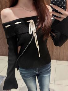 FRIFUL Women's Autumn Off-Shoulder Contrast Color Drawstring Tie Flare Sleeve Sweater Long Sleeve Tops - Black - View 1