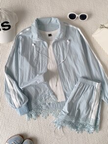 Comfortcana 蕾絲拼接夾克與短褲套裝 - 藍色 - 查看 8
