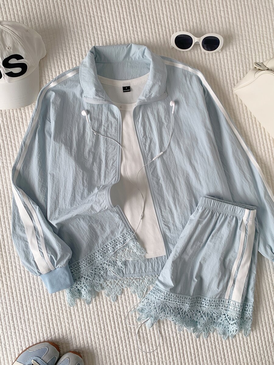Comfortcana Lace Patchwork Jacket And Shorts Set - Blue - View 1