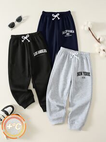 SHEIN 兒童小男孩/小男孩中性 3件組秋冬休閒學院風運動長褲套裝，小男孩秋冬服飾，長褲，柔軟，復古，返校季 - 彩色 - 查看 4