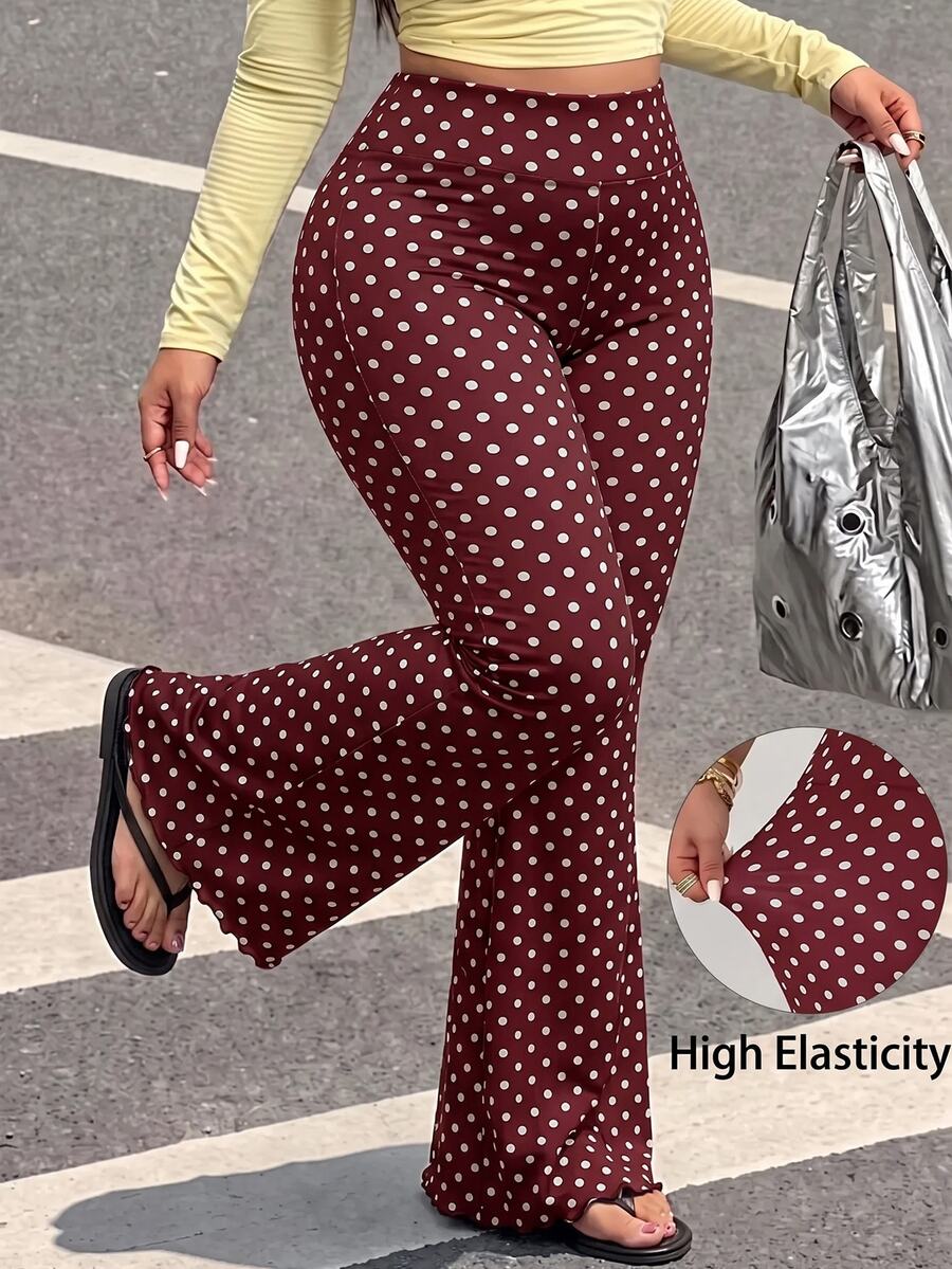 Muchica Burgundy Plus Size Women Polka Dot Print High Waist Flare Pants - Burgundy - View 1
