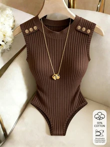 SHEIN Plus Size Vintage Brown Vertical Ribbed Knit Sleeveless Bodysuit, Minimalist Commuter Y2K Versatile Fitted Tank Top - Brown - View 1