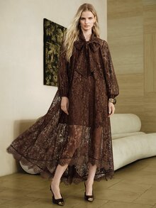 Arave Women's Dress Loose A-Line Lace Bow Tie Neck Lantern Sleeve See-Through Vintage Elegant Business Brown Floral Dresses For Women Thanksgiving - Brown - View 4