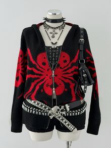 Sunspun Cardigan Rajut Ukuran Besar Wanita dengan Tudung dan Motif Laba-laba untuk Musim Dingin - Hitam - View 7