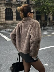 DAZY 女款立領長袖寬鬆時尚人造毛皮大衣 - 咖啡棕 - 查看 2