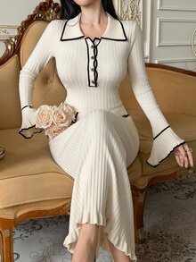 DAZY Gaun Sweater Wanita Elegan untuk Perjalanan/Kencan, Cocok untuk Musim Gugur/Dingin, Kerah Warna Kontras, Kancing, Rajutan Bergaris, Potongan Pas Badan, Hem Model Duyung, Cocok untuk Kencan atau Berkomuter - Aprikot - View 6