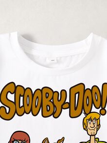 SCOOBY-DOO X SHEIN 小男孩字母卡通印花圓領短袖休閒T恤 - 白色 - 查看 3