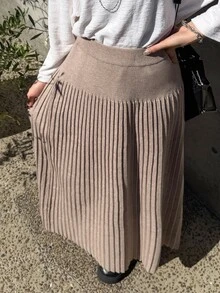 FRIFUL Rok Rajut Polos Kasual Wanita, Musim Gugur/Dingin - Khaki - View 2