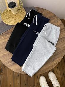 SHEIN 兒童小男孩/小男孩中性 3件組秋冬休閒學院風運動長褲套裝，小男孩秋冬服飾，長褲，柔軟，復古，返校季 - 彩色 - 查看 8
