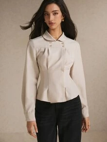 Poéselle Women's Solid Color Double-Breasted Long Sleeve Waist-Cinching Blouse - Apricot - View 5