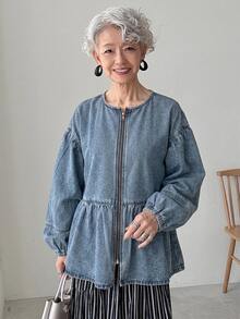 FRIFUL Jaket Denim Kasual Wanita Paruh Baya, Leher Bulat, Bahu Longgar, Lengan Panjang, Resleting Depan, Hem Berumbai, Musim Gugur - Biru - View 3
