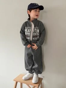 DAZY Baby Boy Slogan Print Zip-Up Jacket And Long Pants Casual Set Fall - Grey - View 3