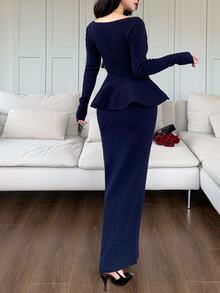 Feyla New Asymmetrical Elegant Asymmetrical Shoulder Waist-Cinching A-Line Knit Top And Bodycon Skirt Set - Navy Blue - View 6