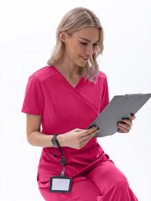 TaskEZ Women's Matte Wrap Top With 2 Pockets And Princess Seams On Back - Hot Pink - View 9