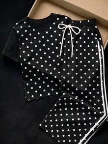 Comfortcana 女款圓點印花圓領短袖T恤與長褲休閒兩件套 - 黑色 - 查看 5