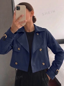 SHEIN Elladie kids 青少年女孩秋季純色翻領長袖雙排扣休閒短版風衣，度假風 - 藏蓝色 - 查看 2