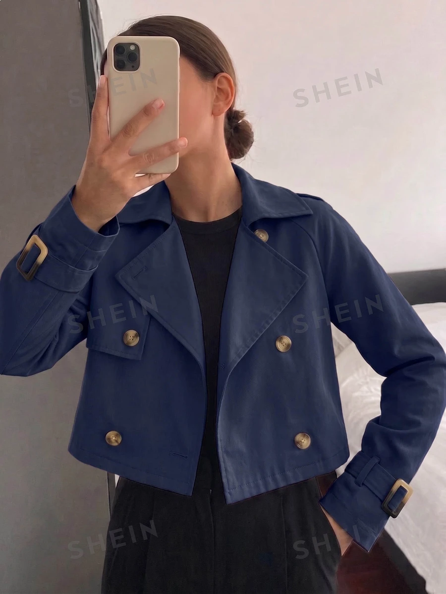 SHEIN Elladie kids 青少年女孩秋季純色翻領長袖雙排扣休閒短版風衣，度假風