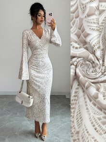 Selianne French V-Neck Wrap Digital Lace Print Dress For Women, Flared Long Sleeve Ruched Waist Bodycon Dress (Random Floral Pattern) - White - View 8