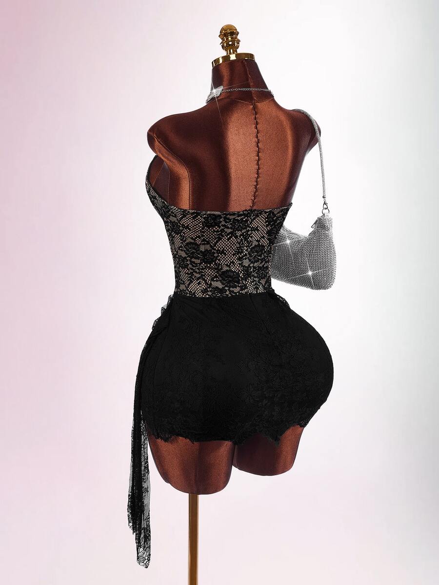 Amplova Women's Contrast Lace Ruffle Sexy Bandeau Mini Dress - Black - View 1