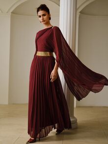 ZEYLAH Elegant Party Solid Color Pleated Cape Sleeve Dress - Burgundy - View 6