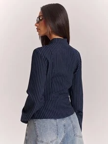 SHEIN BAE 時尚設計打結鈕扣裝飾休閒通勤長袖夾克 - 藏蓝色 - 查看 2